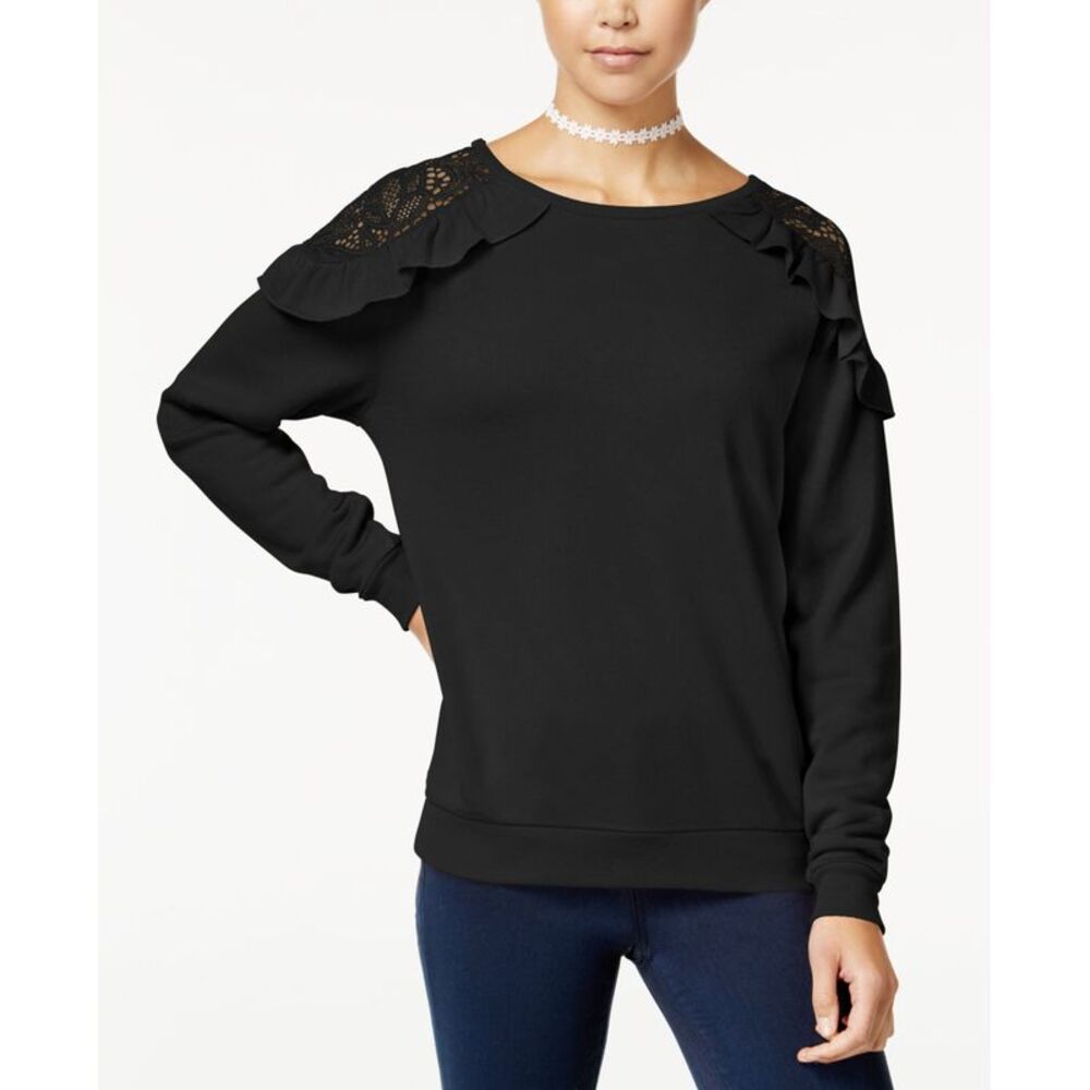 Self Esteem Juniors Ruffled Lace Trim Cold Shoulder Sweatshirt
